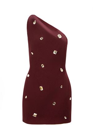 Crystal Embroidered One Shoulder Mini Dress DAVID KOMA | PF25DK77DBURGUNDYSILVER